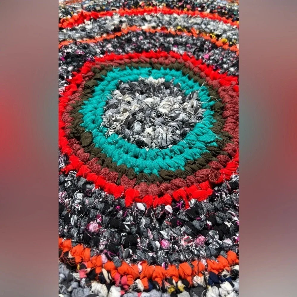 Handmade bohemian crochet upcycled door mat small round floor mat Sz 34